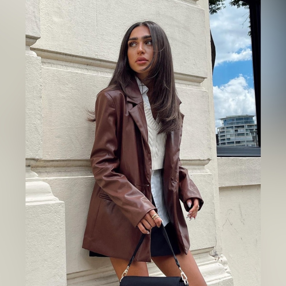 Princess Polly- Morrison Faux Leather Blazer Brown